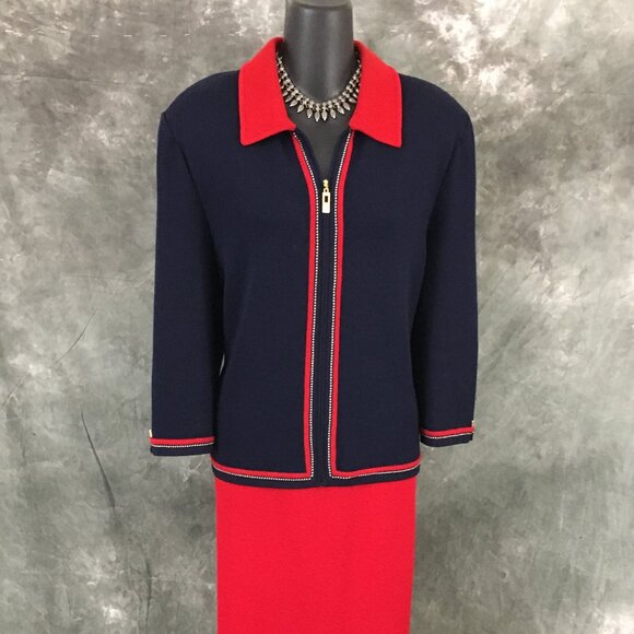 BEAUTIFUL st john collection knit blue red multi jacket skirt suit size 14 - Picture 3 of 9